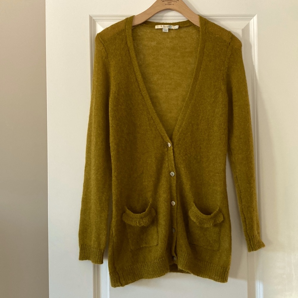 Boden Chartreuse Green Cardigan Sweater with Ruffled Pockets